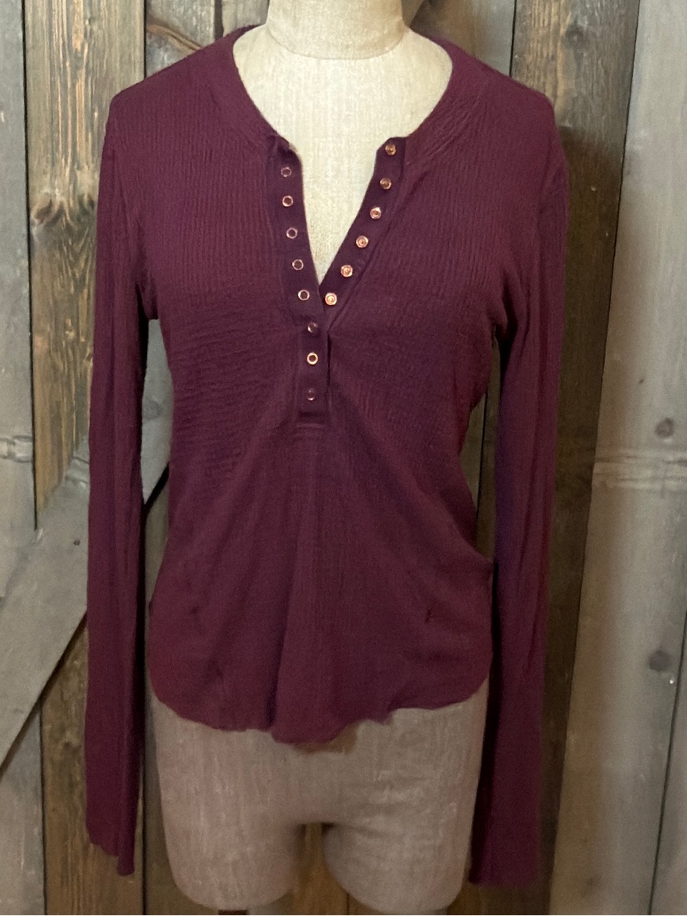 Free People Intimately Purple Waffle Knit Thermal Henley Snap Long Sleeve Top